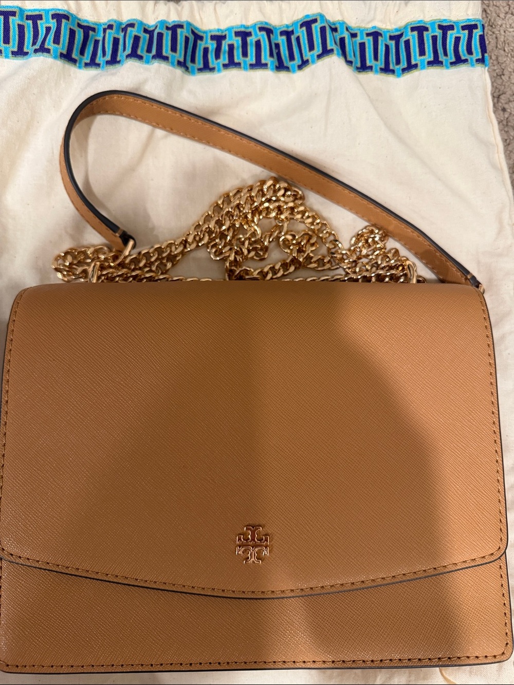 Tory Burch Tan Saffiano Crossbody with Gold Chain